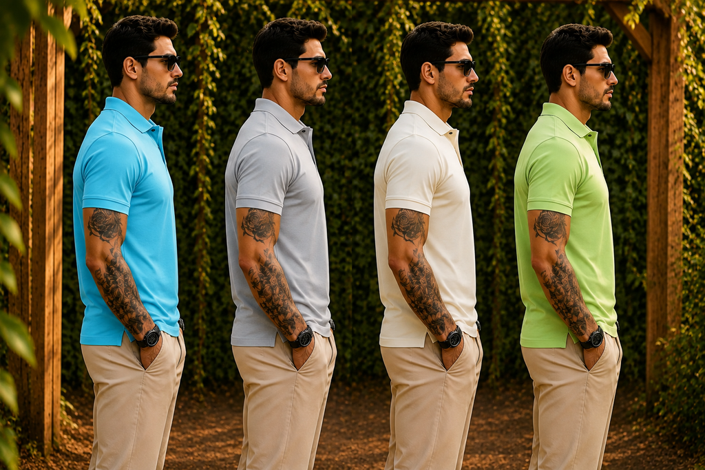 Premium Men's Polo T-Shirt Combo (Pack of 4) – Turquoise Blue, Grey, Camel & Light Green