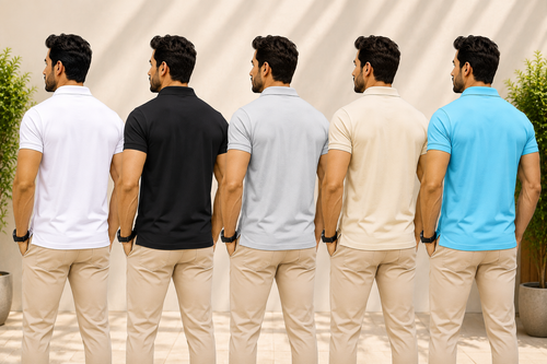 Men's Polo Collar Half Sleeve T-Shirt Combo Pack of 5 | Premium Quality Cotton Blend | Solid Casual Wear | White Black Grey Cream Turquoise Blue