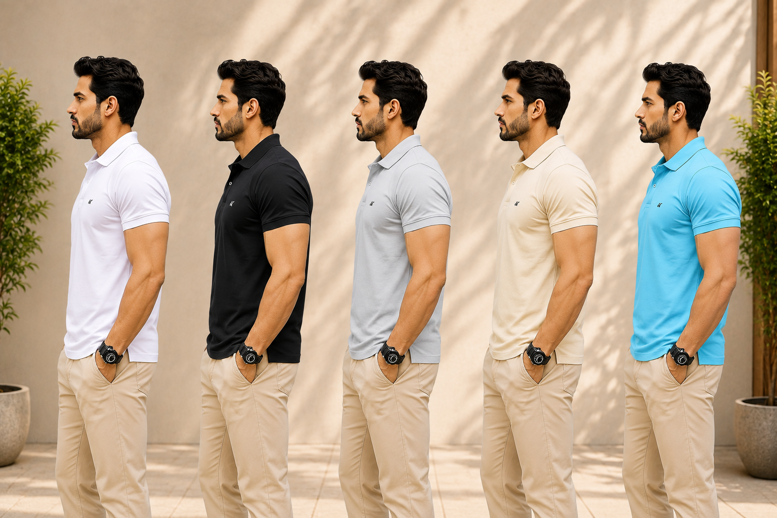 Men's Polo Collar Half Sleeve T-Shirt Combo Pack of 5 | Premium Quality Cotton Blend | Solid Casual Wear | White Black Grey Cream Turquoise Blue
