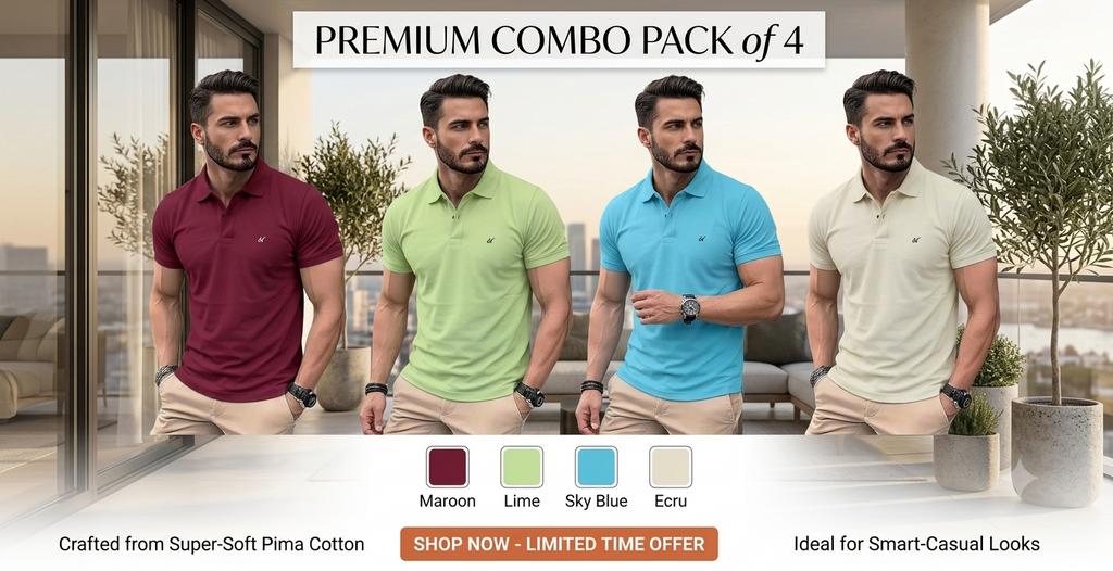London Hyper Men's Premium Polo T-Shirt Combo Pack (Set of 4 - Maroon, Light Green, Sky Blue, Camel)