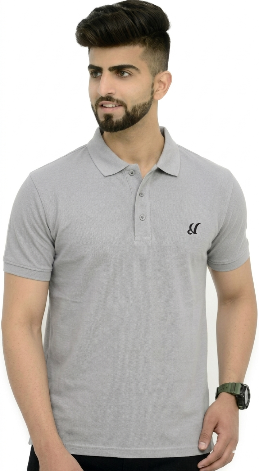 London Hyper Men Solid Beige Polo Neck Cotton Grey T-Shirt