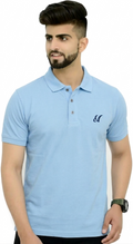 London Hyper Men Solid Sky Blue  Polo Neck Cotton Blend T-Shirt