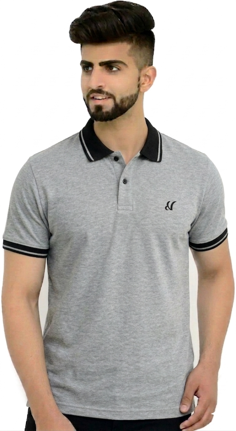 Casual Solid Grey Polo Neck T-Shirt with Black Accents