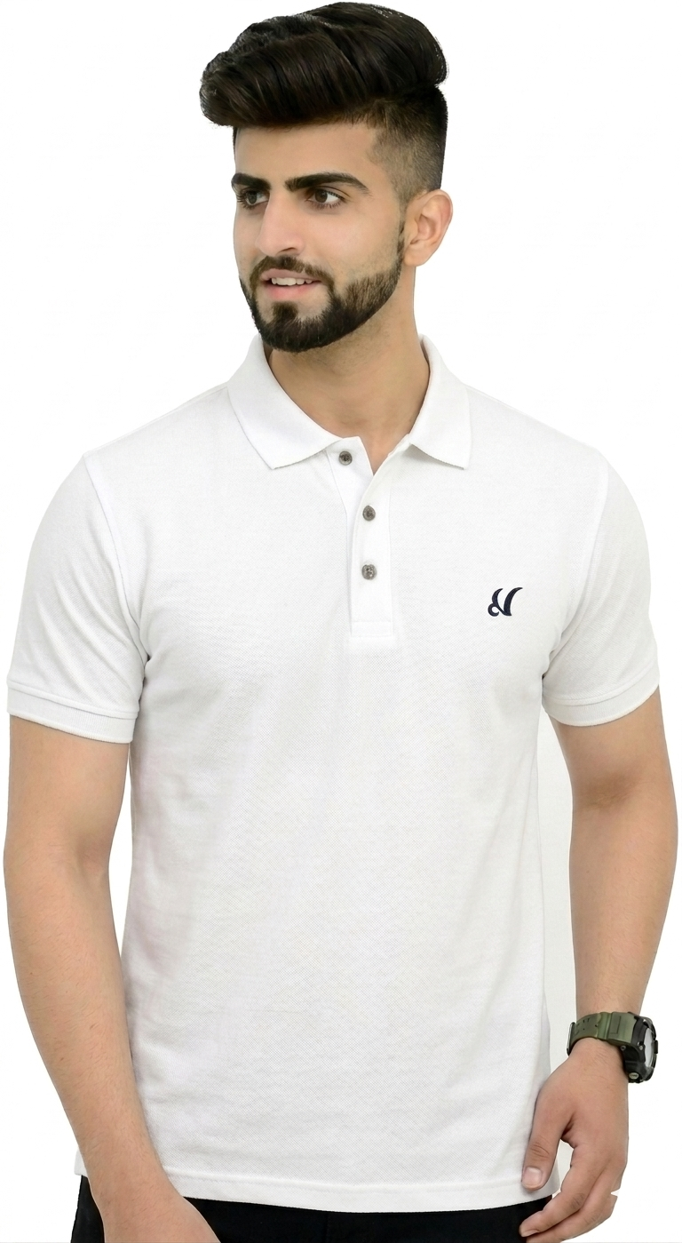 London Hyper Men Solid White Polo Neck Cotton Blend T-Shirt