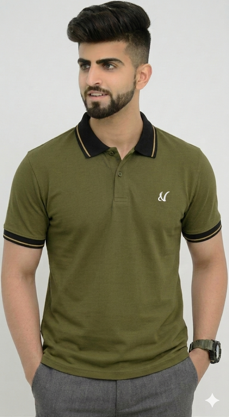 Men's Premium Olive Green Polo T-Shirt | Contrast Tipped Collar & Cuffs