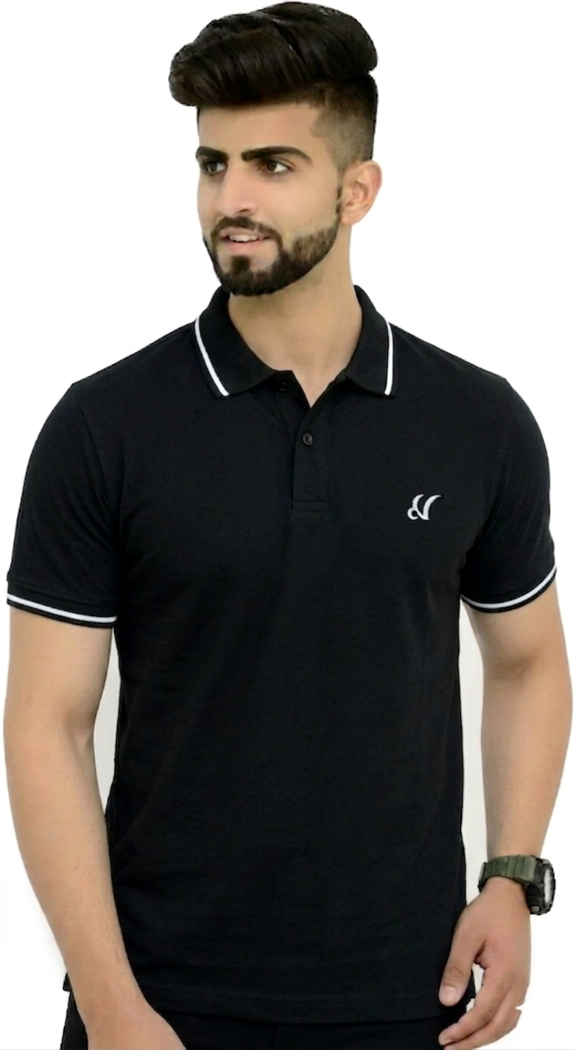 London Hyper Men Solid Black Polo Neck Cotton Blend T-Shirt